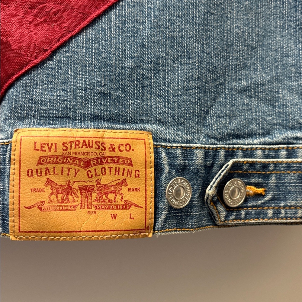 Upcycled Levi's Embellished Blue Denim Jacket with Lace and Gold Leaf Accents XS - Picture 4 of 12